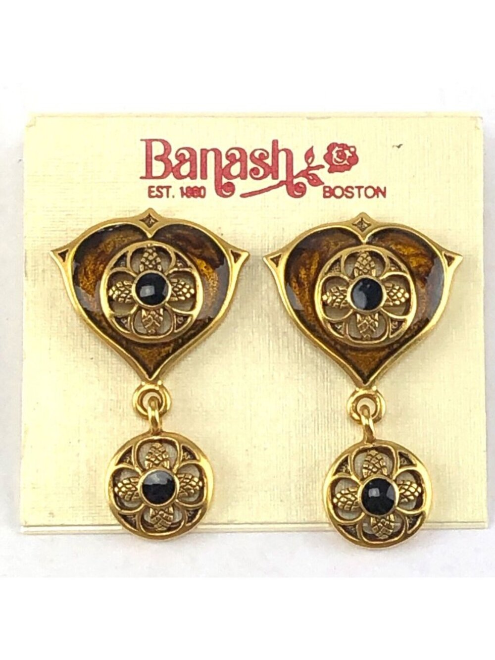 Vintage Banash Boston Earrings on Card Enamel Gold Tone Brown & Black